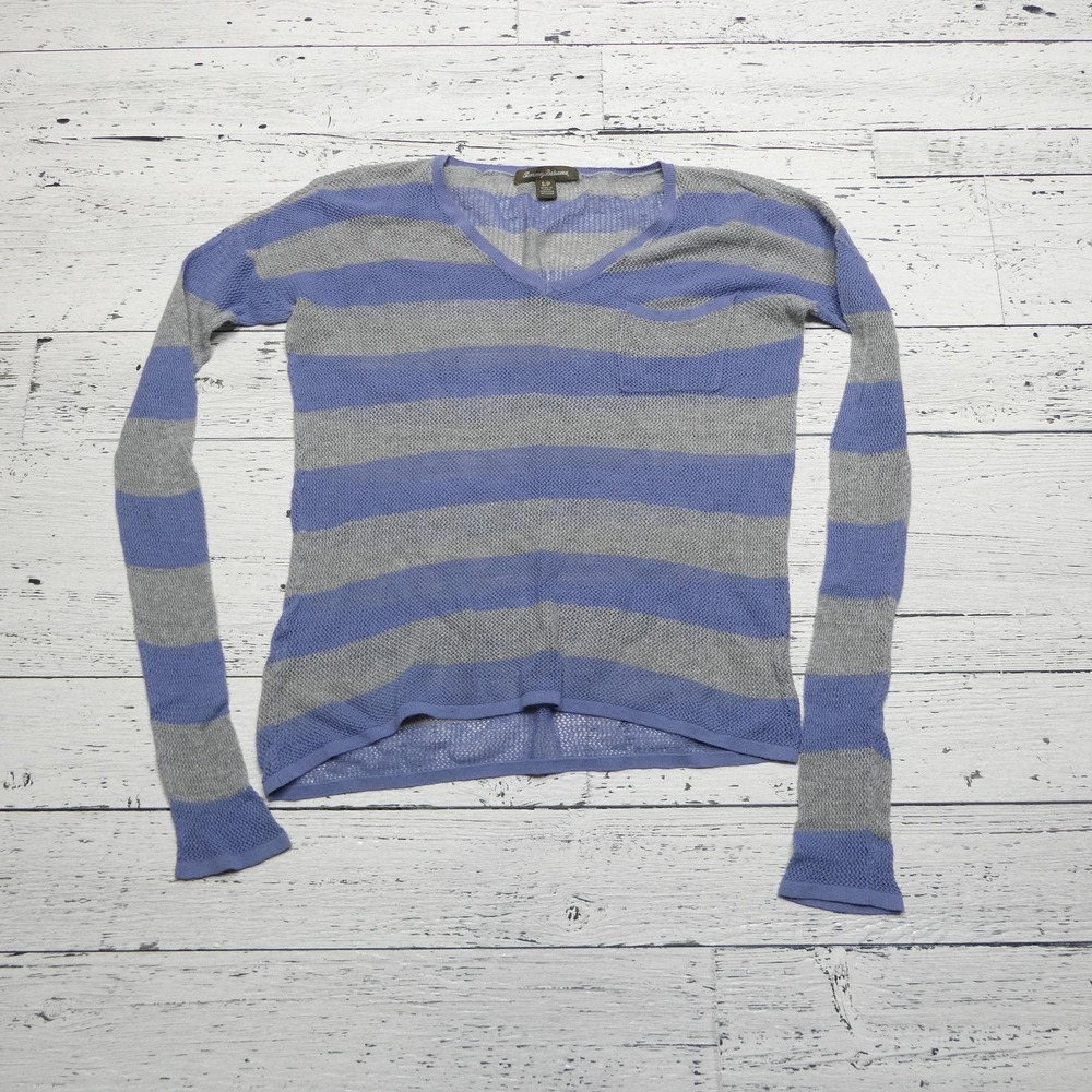 Tommy Bahama Blue and Gray Striped V-Neck Lightweight Sweater